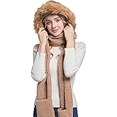 Winter Faux Fur Fuzzy Trim Sherpa Hooded Scarf Cute 3-in-1 Scarf Hat Gloves Set for Women