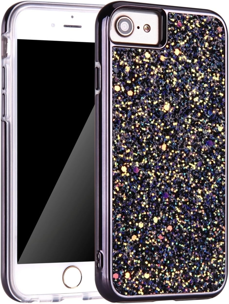 iPhone 7 Case, iPhone 8 Case, Bling Sparkly Glitter Shockproof Dual Layer Design [Hard PC Back, Soft TPU Inner] Protective Cover with Lanyard for iPhone 6/6s/7/8 4.7 Inch (Black)