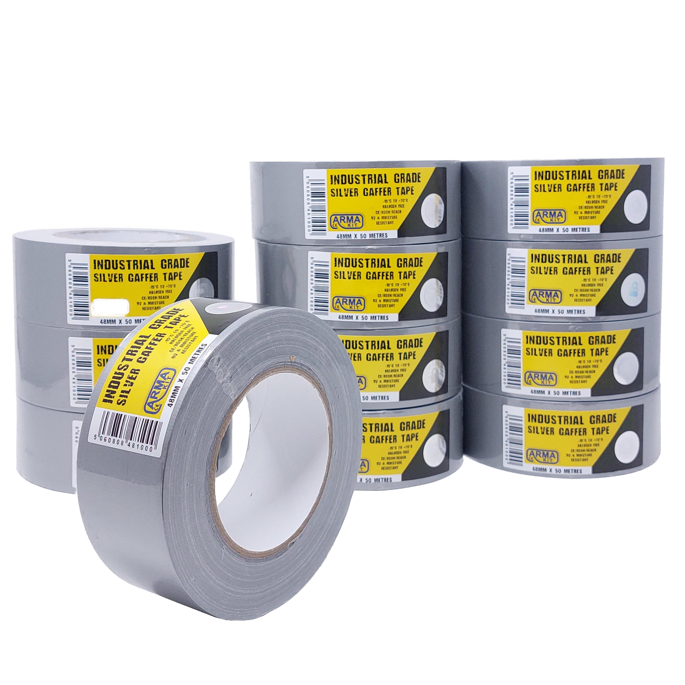 ArmaKit Heavy Duty Duct Tape | 48mm wide x 50M length (12 Pack) | Industrial Tape Grade - Strong Gaffer Tape indoor and outdoor use, thick gaffa tape patch and seal tape (Silver)