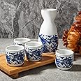 ABuff Japanese Sake Set, 1 Tokkuri Bottle & 4 Ochoko Cups with a Wooden Tray, Ceramic Sake Set Microwave and Dishwasher Safe