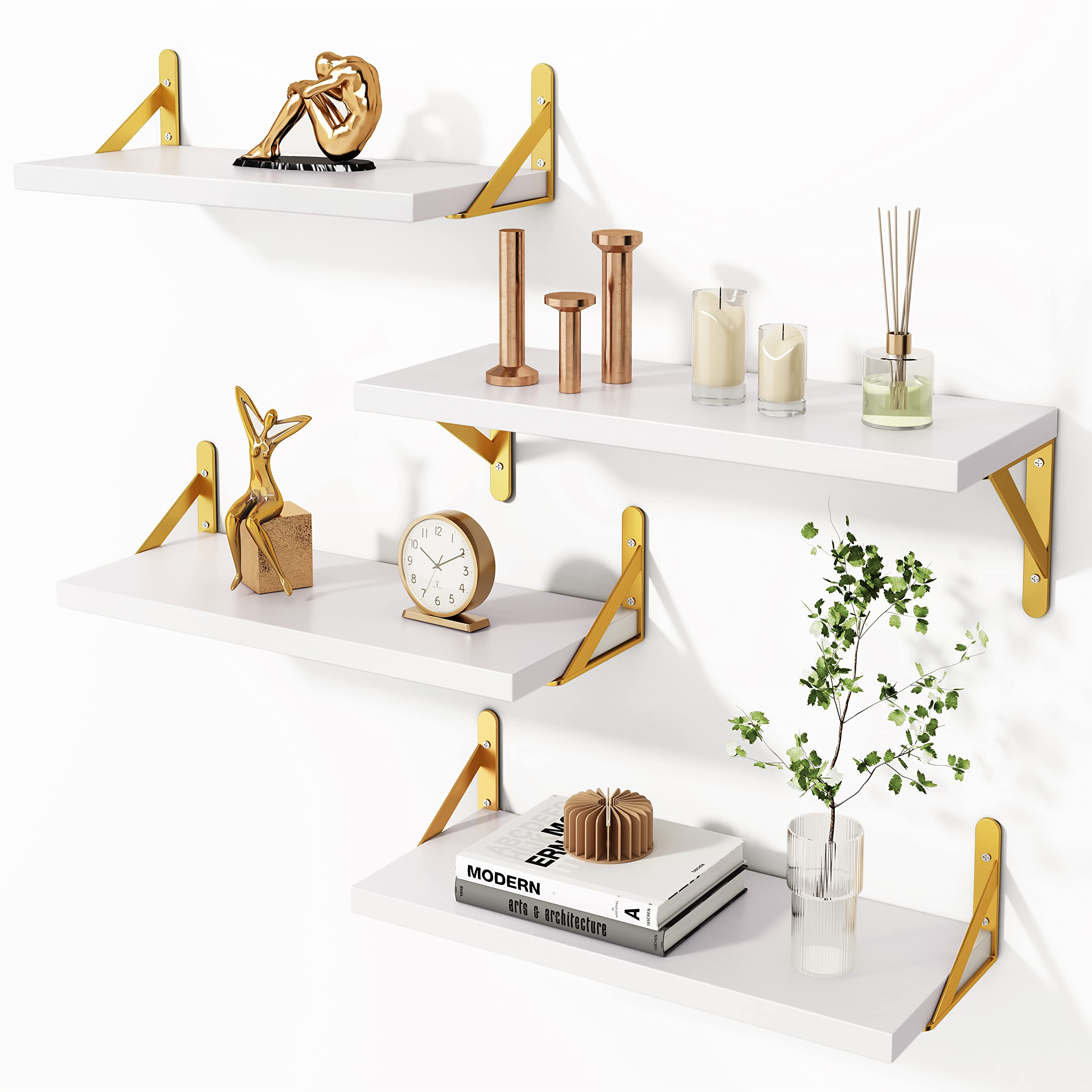 Photo 1 of YGEOMER Floating Shelves for Wall, Different Sizes White Wall Shelves for Living Room, Bathroom, Bedroom, Kitchen, Home Decor (Set of 4)