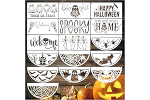 HOSOMONO 16 Pcs Halloween Stencils for Painting on Wood Reusable Welcome Skeleton Ghost Stencil Bat Spooky Trick or Treat Boo Templates for Doormat Door Hanger Crafts (16 Half Halloween)