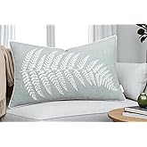 Rudransha Botanical Fern Leaf Embroidery Lumbar Pillow Cover - 14x24 Robin’s Egg Cotton