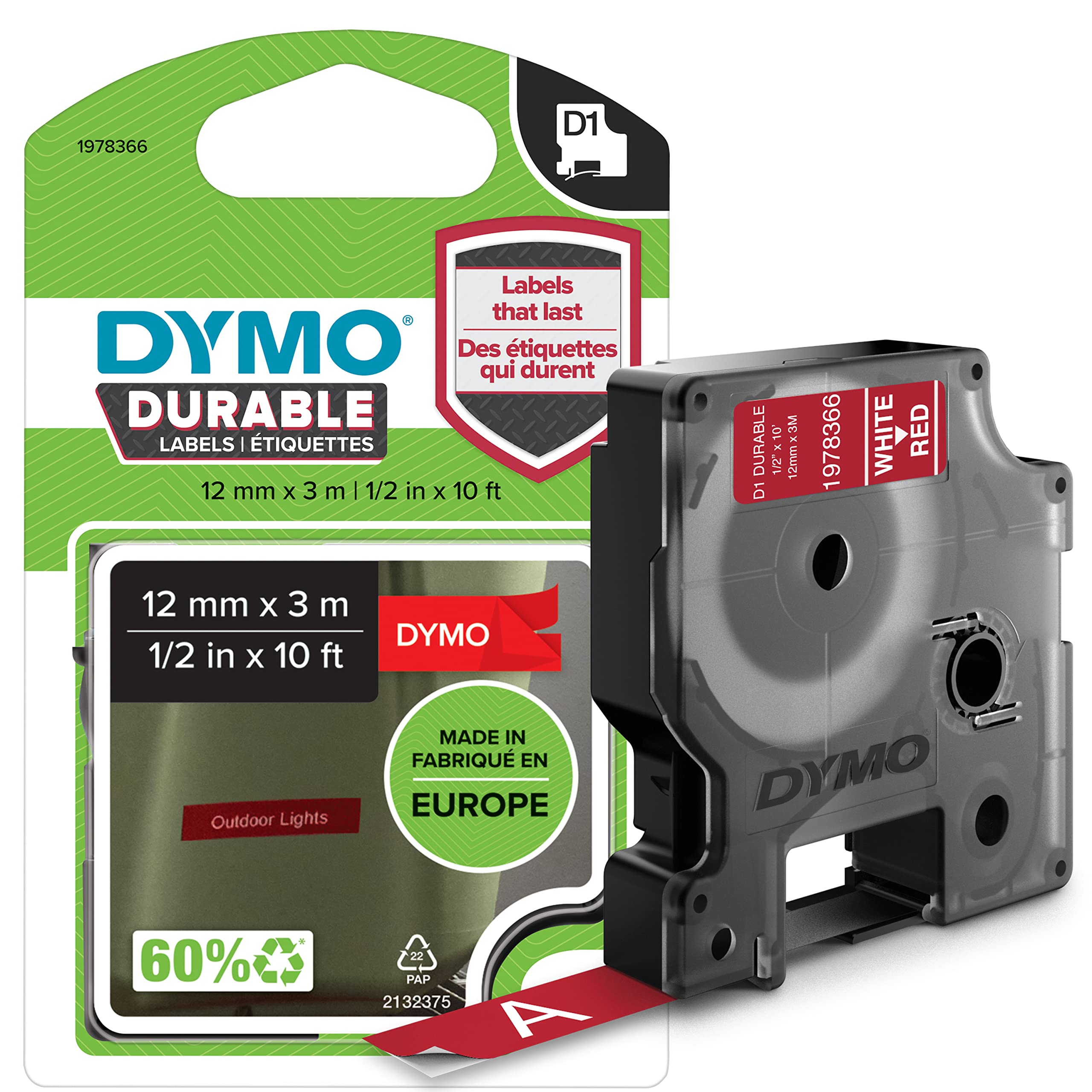 DYMO Authentic D1 Durable Labels | Black Print on Red Tape | 12 mm x 3 m | Labelling Tape for LabelManager Label Makers
