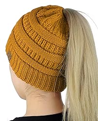 C.C BeanieTail Soft Stretch Cable Knit Messy High