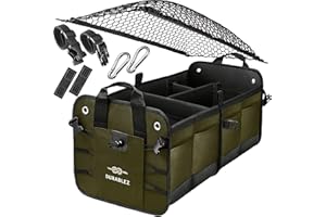 DURABLEZ Trunk Organizer with Covering Net, Attachable Non-Slip Pads, and Stainless Hooks, Military Green