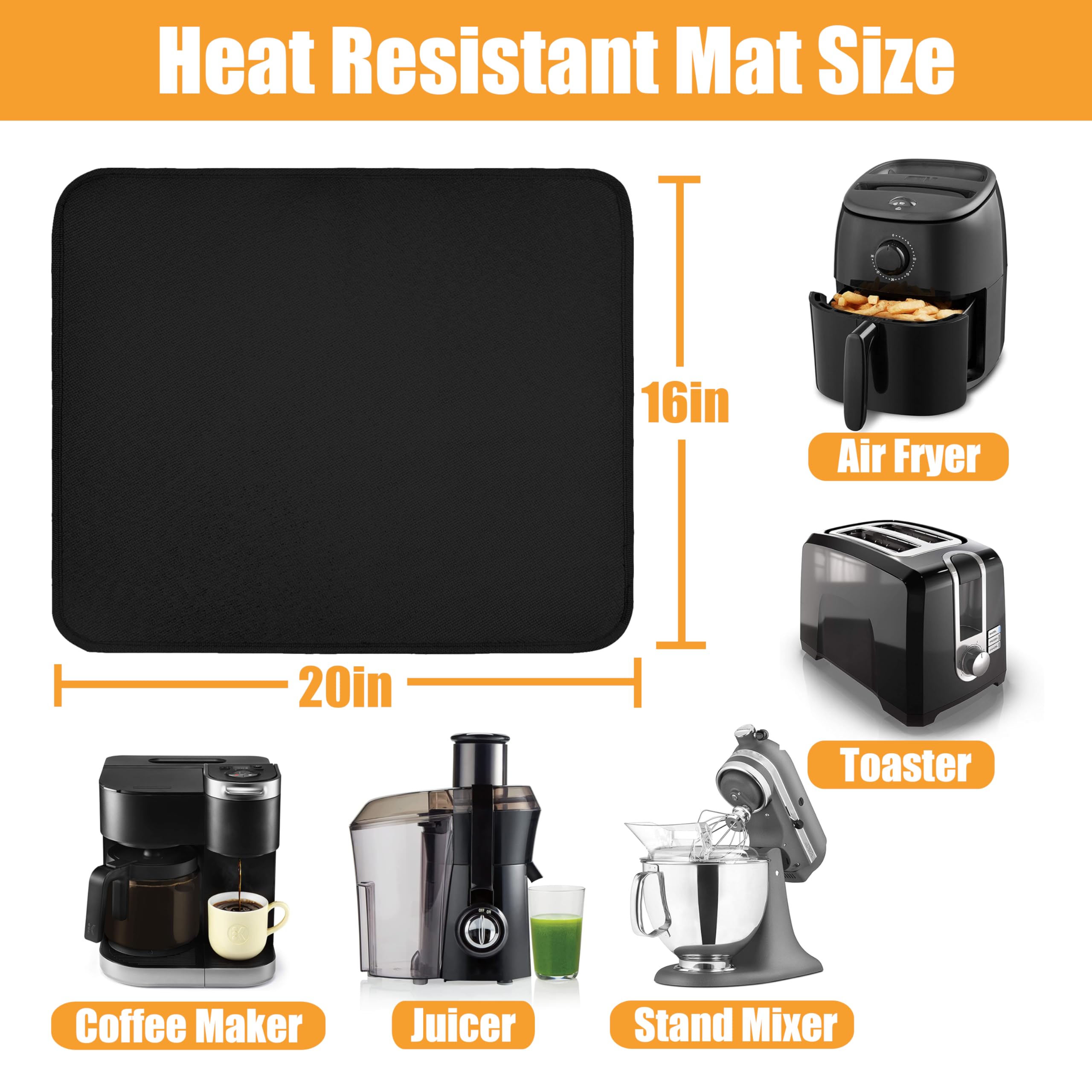 Heat Resistant Mat for Countertop, 16x20in Hot Pads for Kitchen Counter Heat Protector, Fireproof Air Fryer and Deep Fryer Mat for Oven, Coffee Machine Compatible with Ninja, COSORI, Cuisinart, Black