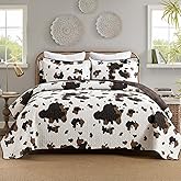 QuiltEase Cow Quilt Queen Size - 100% Cotton Queen Cow Print Quilt Bedding Bedspreads - Western Cowhide Pattern Bed Set - Lightweight Rustic Farmhouse Comforter Set - Browm/Dark Brown - 3 Pieces