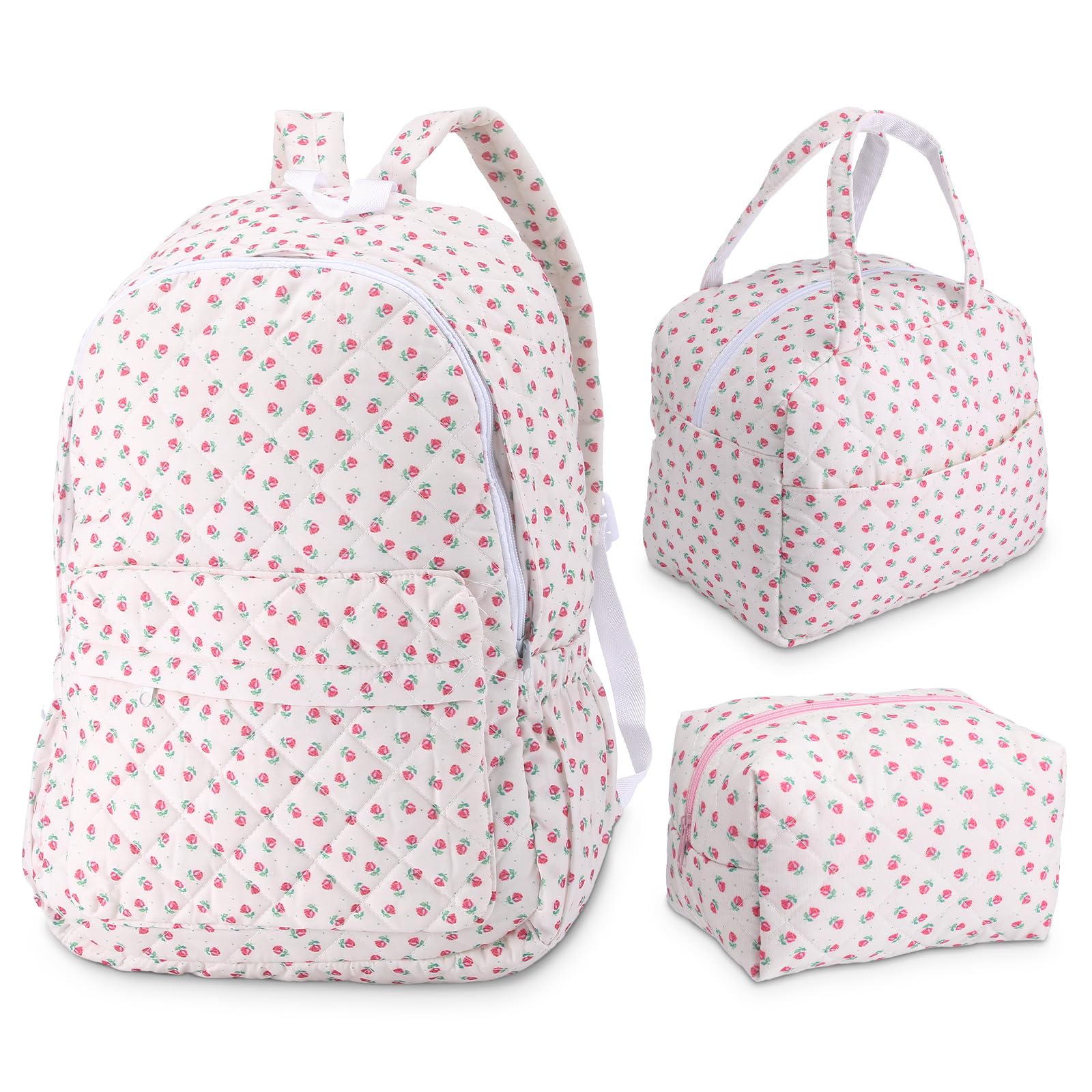 Photo 1 of Aliceset 3 Pack Floral Backpack with Lunch Box Set Quilted Floral Pencil Bag Coquette Bookbag Aesthetic Lightweight Canvas Organizer Back to School Supplies
