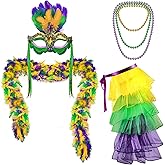 4 Pcs Mardi Gras Outfit for Women Includes Layered Short Tutu Skirts Colorful Round Bead Necklaces Long Feather Boa Mask with Feathers for Party Costume Festival Decorations