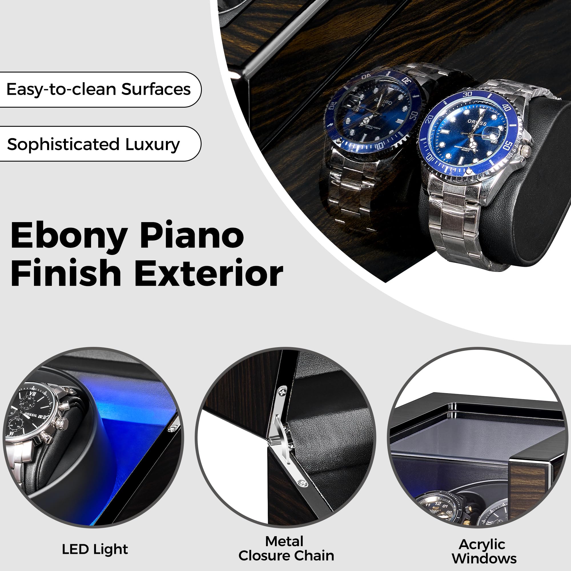ANWBROAD ANWBROAD Watch Winders for Automatic Watches, New Ebony-Colored Piano Finish Automatic Watch Winder Box, Rotating Watch Case with 4 Rotation Modes, Quiet Motor, LED for Man Woman's Watches UJWW001E