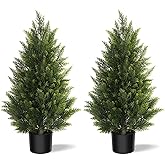 Outdoor Artificial Cedar Topiary Tree, Faux Evergreen Shrubs for Front Porch Decor, Lifelike Fake Bushes Plants for Home Living Room Front Door Decor (2, 3ft)