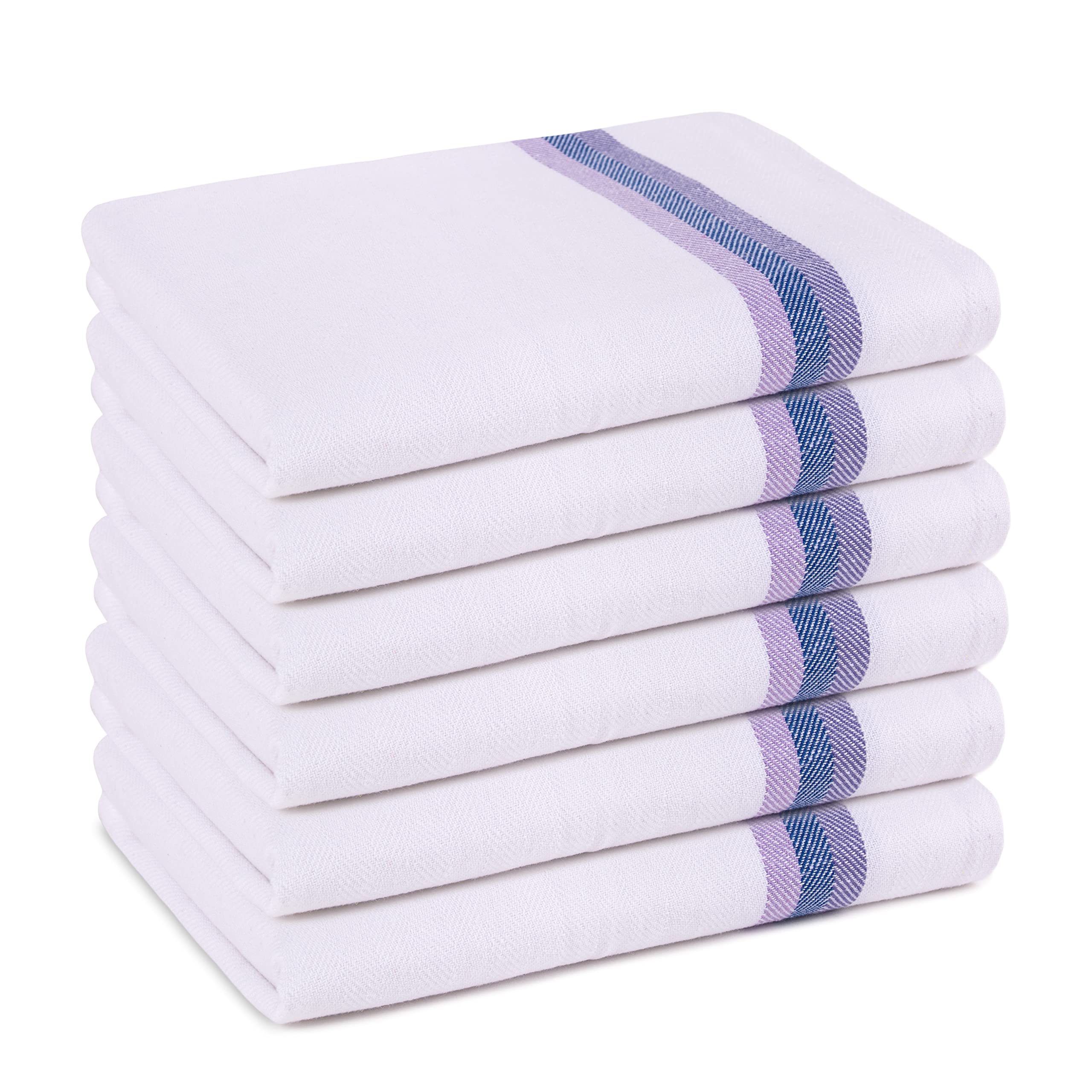 Pagnanno Tea Towels, Soft and Absorbent – Multi Pack of Large Classic Herringbone Weave, Lint Free, Cotton Kitchen Dish Towels 45x70 cm in White with blue, green and orange stripes (Purple Stripe, 6)