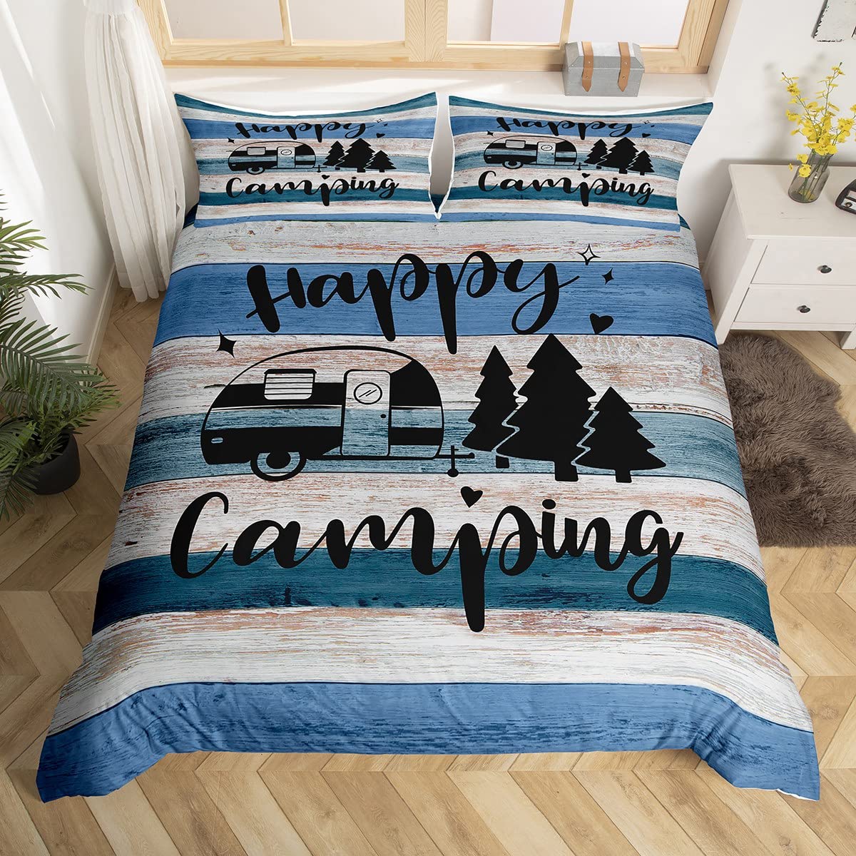 richhome Camping Truck Bedding Set for Boys Youth Teens Single Navy Blue Stripes Barn Comforter Cover bedding & linen Duvet Cover Kids Girls Camper Happy Travelling Printed Bedspread Cover