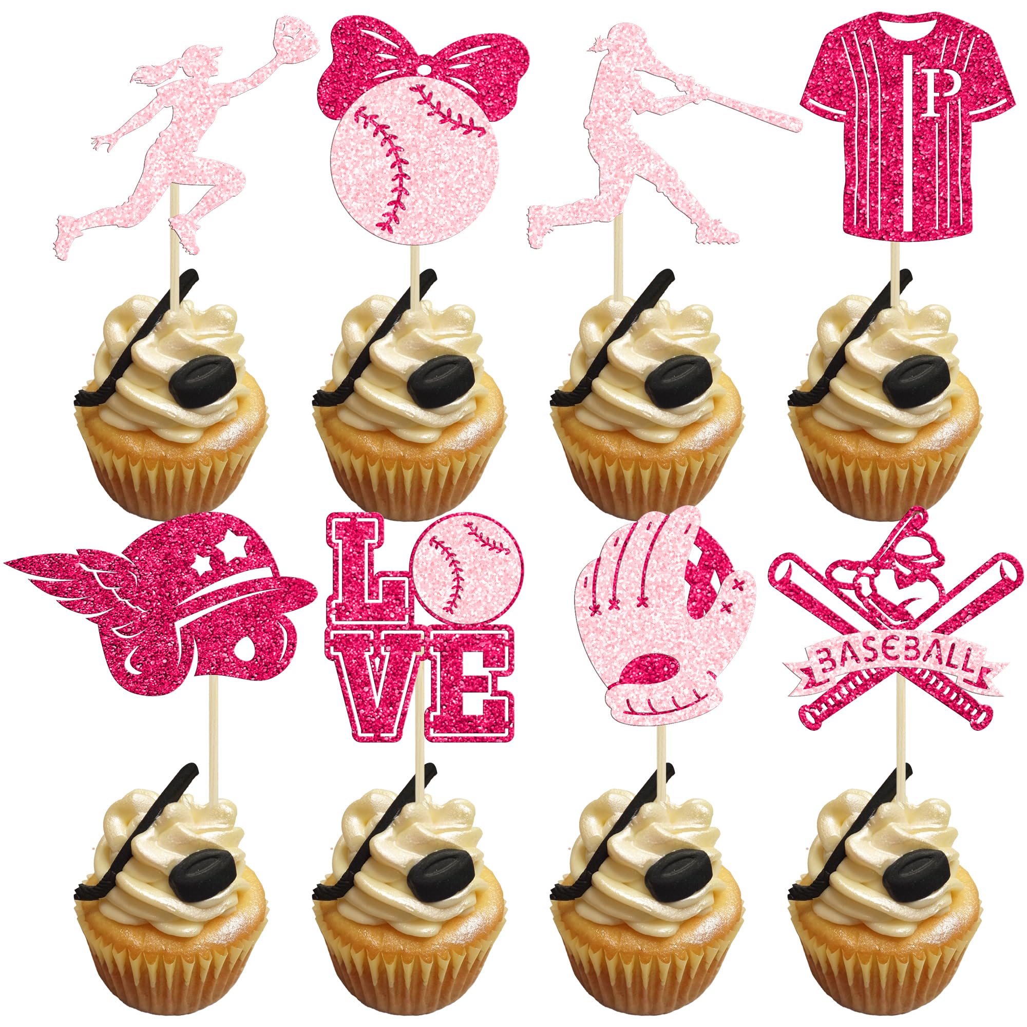 Photo 1 of Gyufise 24Pcs Softball Cupcake Toppers Glitter Love Baseball Birthday Cake Decorations for Softball Palyer theme Party Decorations Supplies Pink