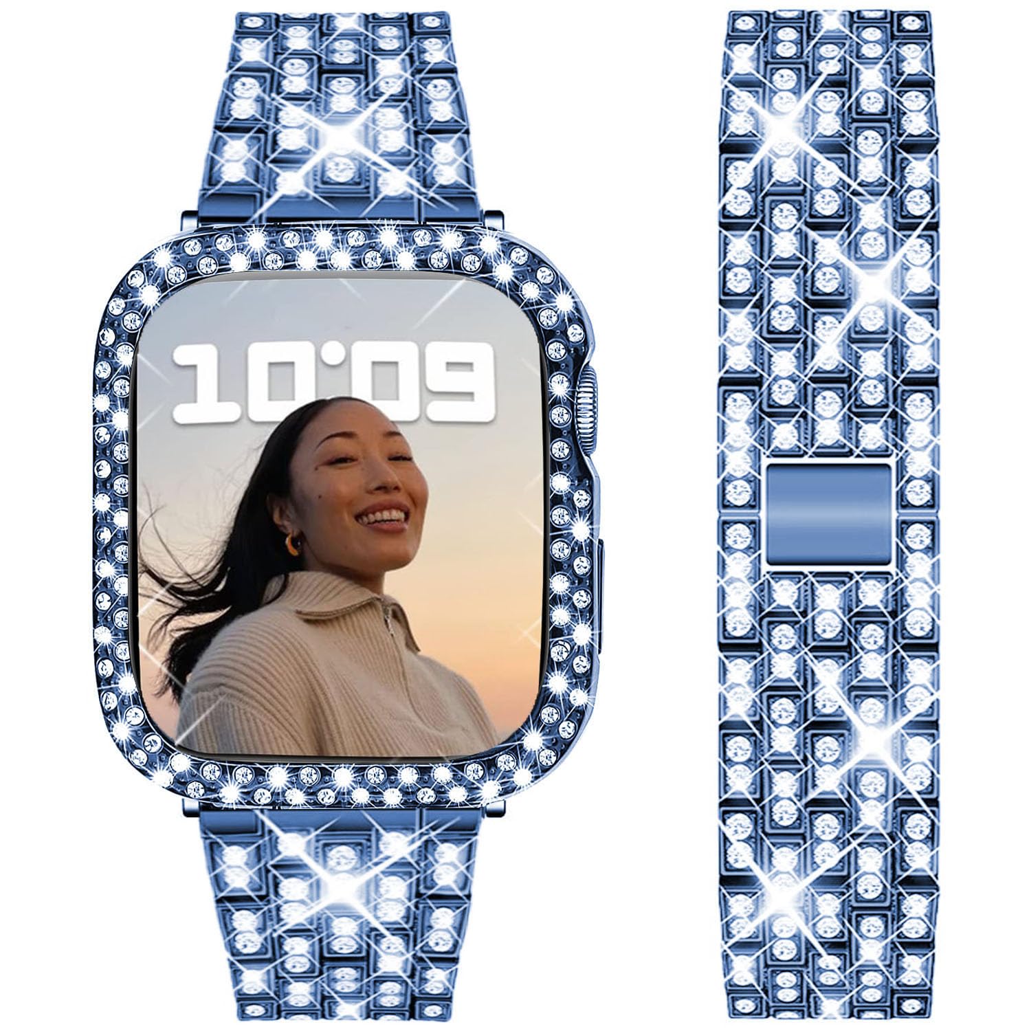 DEALELE Bands and Case Compatible with Apple Watch Series 9/8 / 7 (45mm), Bling Rhinestone Diamond Metal Strap with Protective Case Cover Replacement for iWatch 45mm Women Men (Blue)