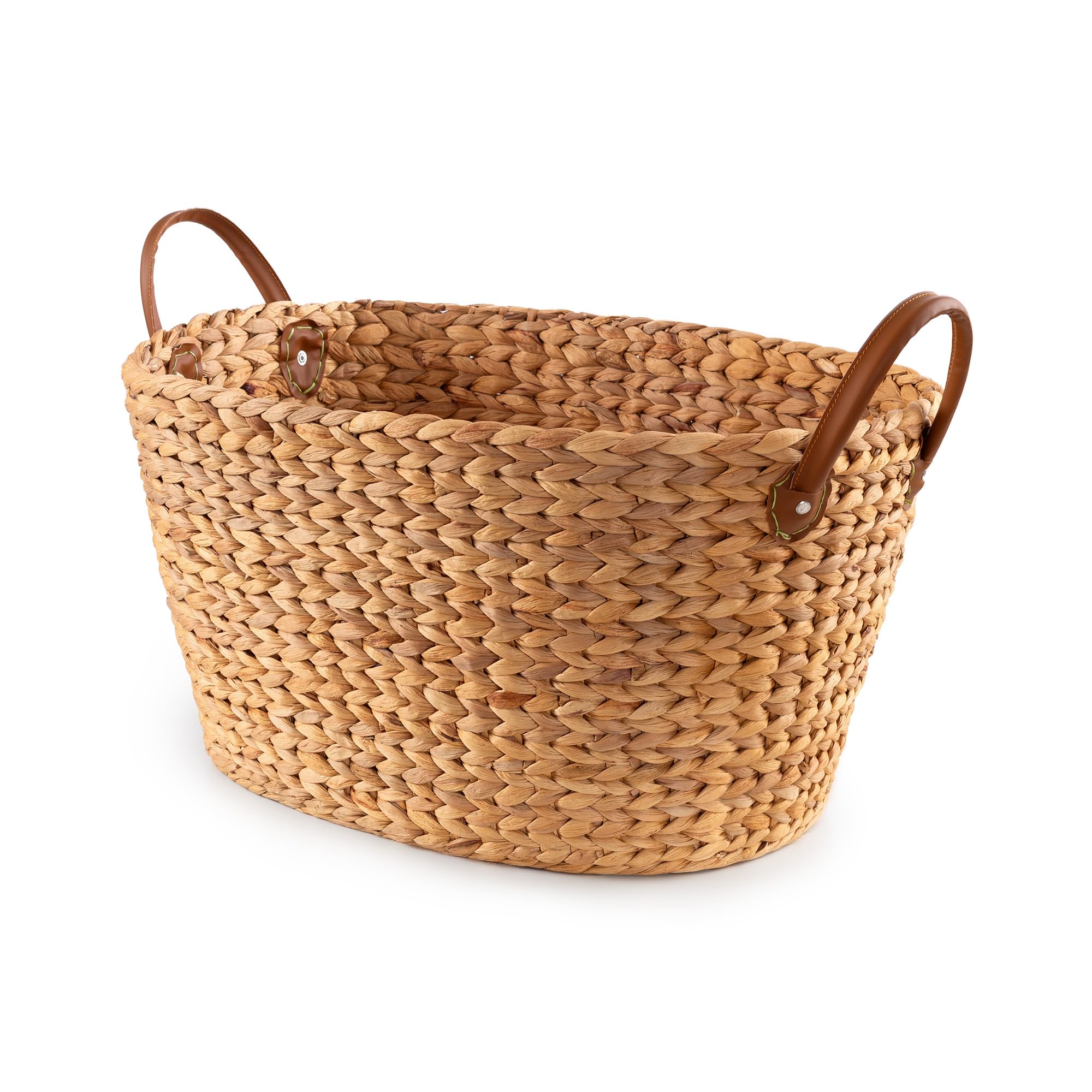 Compactor Belize Hand-Woven Water Hyacinth Storage Basket, Large Laundry Hamper, Toy Storage and Washing Basket with 2 Leather Effect Handles, For Bedrooms, Bathrooms and Living Rooms, Natural Brown