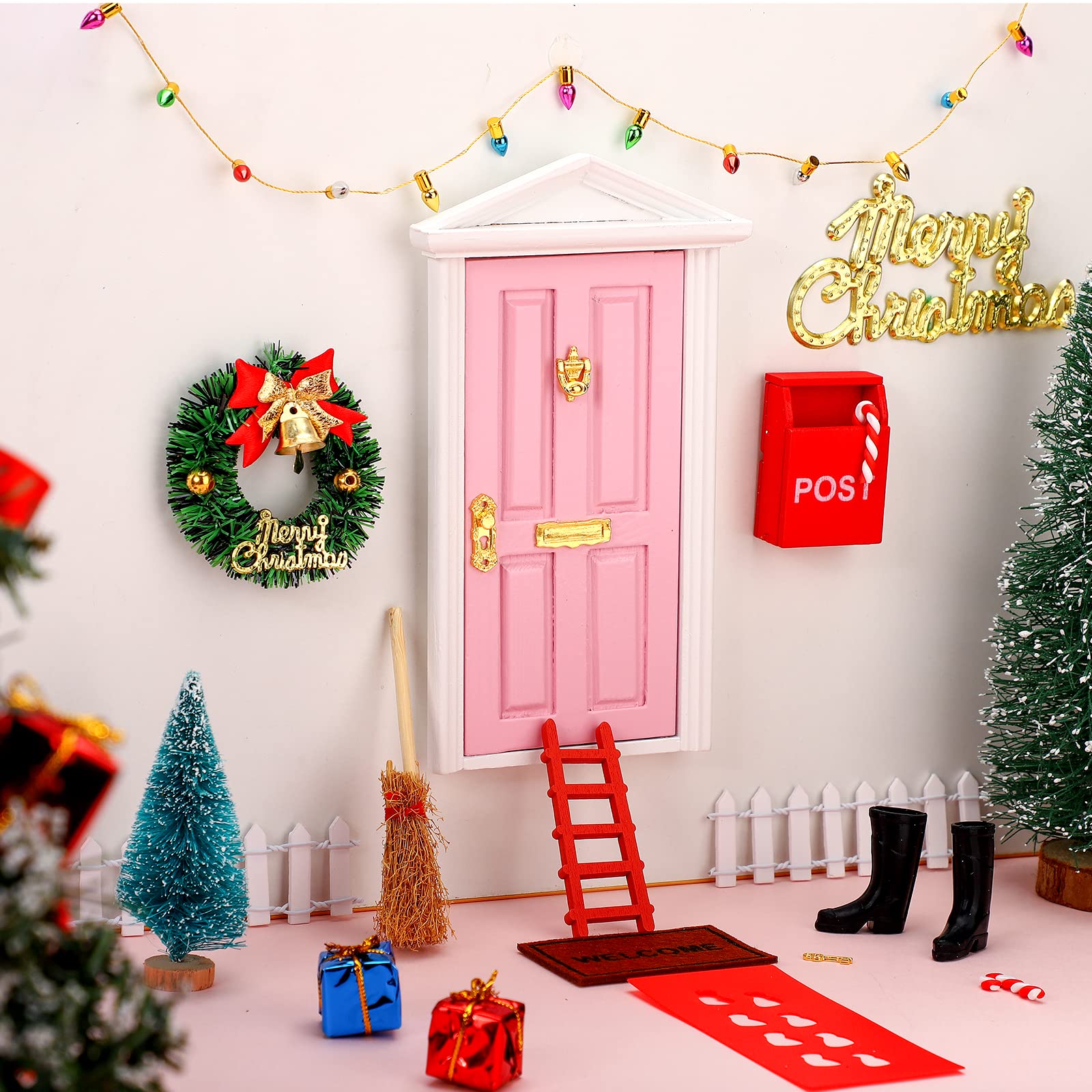 Photo 1 of 20 Pcs Christmas Elf Fairy Doors Decorations Enchanted Elf Doors Tiny Outdoor Xmas Decor Wooden Tiny Miniature for Girls Xmas Accessories Fairy Tale(Red)(Pink Door)