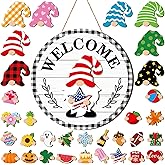 Qunclay Interchangeable Wooden Gnome Decor Holiday Seasonal Gnome Decorations with Magnet Pieces and Detachable Hats Changeable Welcome Sign for Home(Vivid Style)