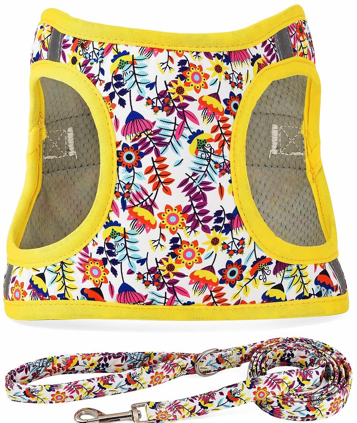 Moonpet Step in Air Dog Harness Leash Set- All Weather Reflective No-Pull Floral Pattern Padded Mesh Vest Harness for Cats Puppy Extra-Small Small Medium Large Dogs - White Flower XL