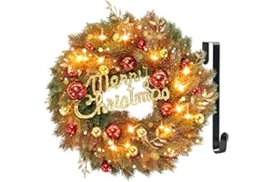 HOCENT Christmas Wreaths for Front Door with Hanger & Timer - Pre-Lit Lights 18' Christmas Wreaths for Windows Decorations with 40 LED Lighted for Mantle Stairs Fireplace Indoor Outdoor Wall
