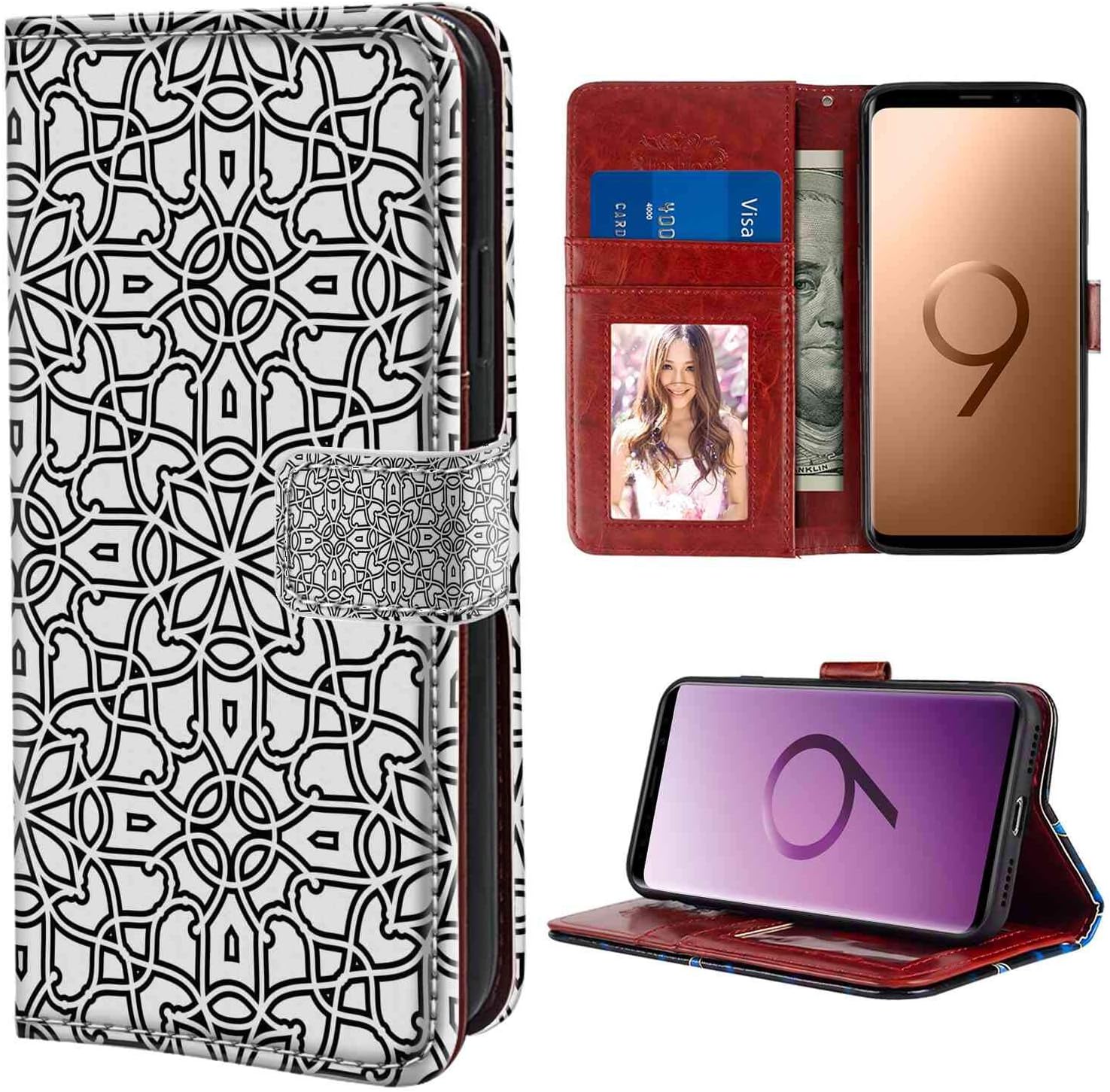Samsung Galaxy S9 Wallet Case, Ethnic Vintage Arabian Style Boho Culture Pattern with Curves Lace Effects Ornamental Black White PU Leather Folio Case with Card Holder and ID Coin Slot