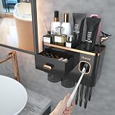 iHave Toothbrush Holders Bathrooms Wall Mount Toothpaste Dispenser &amp; 2 Cups | Luxury White &amp; Gold Bathroom Decor:2 Cups, 6 Slots, Toothpaste Dispenser, Large Tray &amp; Drawer Wall Mount Toothbrush Organizer