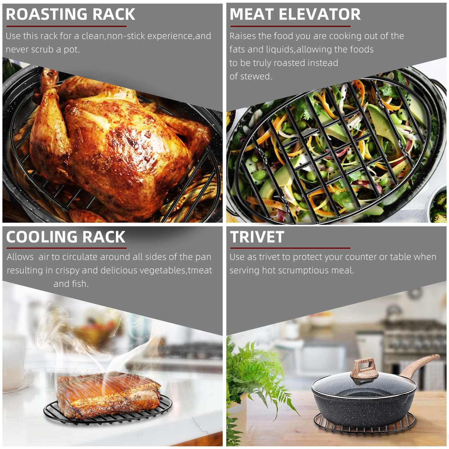 Roasting Rack, Black with Integrated Feet, Enamel Finished, Nonstick, fit for 13 inches oval roasting pan, safety, dishwasher, Great for Basting, Cooking, Drying, Cooling rack.(10”x 6.5”)