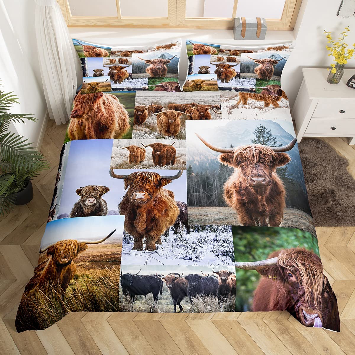 Highland Cattle Bedding Set Women Men Farm Highland Cow Duvet Cover for Boys Girls Bedroom Farmhouse Comforter Cover Set Nature Brown Animal Quilt Cover King Size