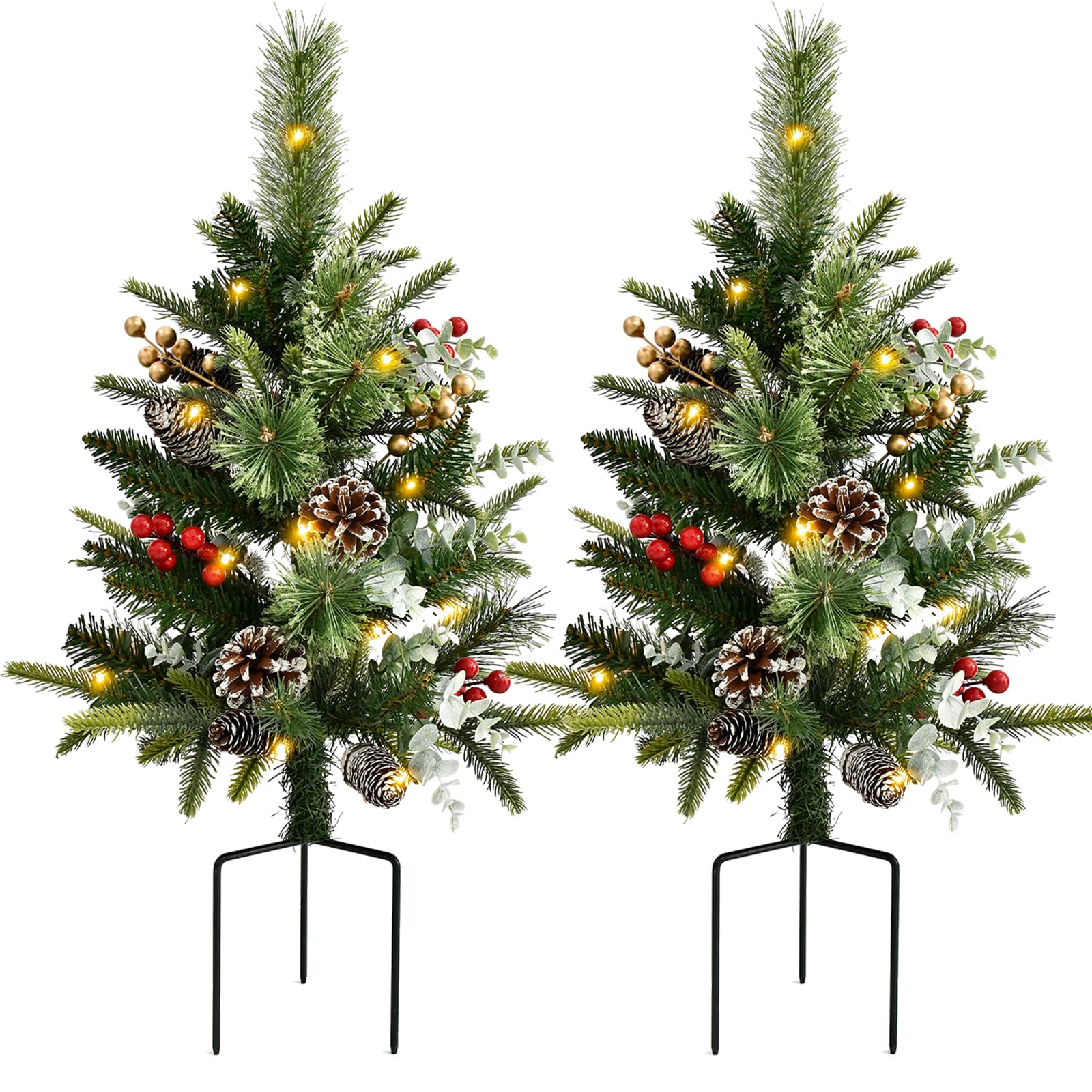 Photo 1 of 2 Pack Outdoor Christmas Trees for Porch, Lighted Artificial Christmas Urn Fillers, Battery-Powered LED Lights, Tripod Stakes for Holiday Porch Decorations on Porches, Patios, urn filler and Flower Beds