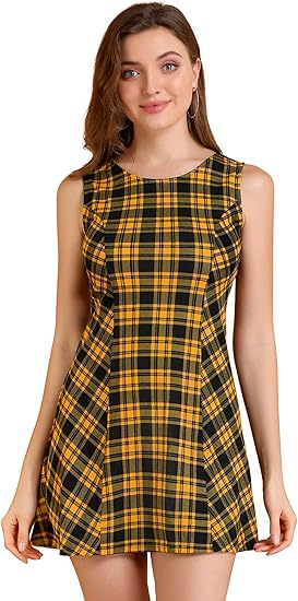 Amazon Co Jp Allegra K Aラインワンピース チェックワンピース ミニ ドレス チェック柄 ノースリーブ 袖なし レディース 服 ファッション小物