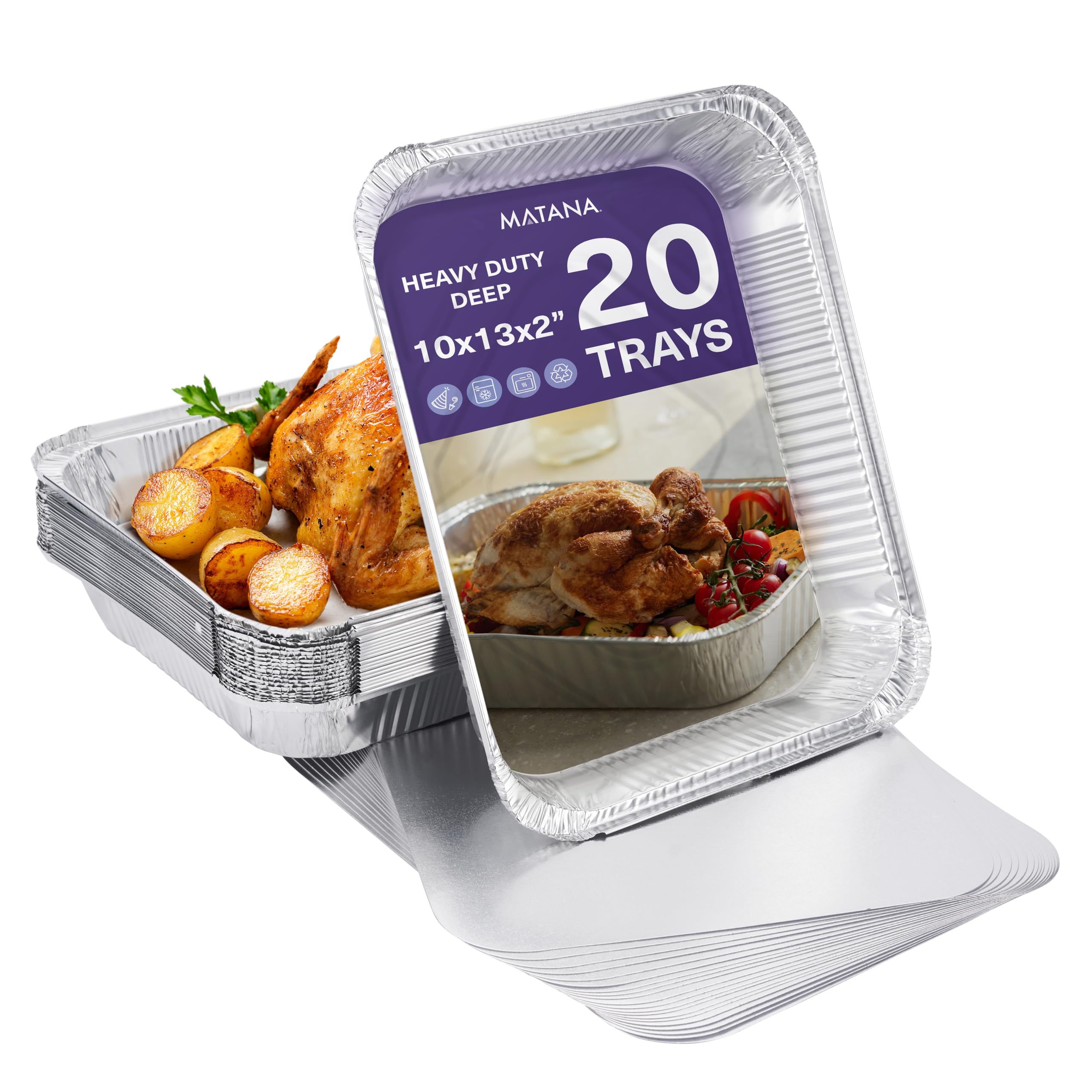 MATANA 20 Large Aluminium Foil Trays with Lids – 32×26 cm (2350 ml) | Heavy-Duty Roasting & Baking Pans – Sturdy, Disposable or Reusable Food Containers, Oven & Freezer Safe