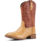 SUREWAY Men‘s Full Grain Leather Cowboy Boots with Ostrich Pattern，Square Toe Embroidery Western Boot, Oil and Slip Resistant， Durable 10-Inch Pull-On Wellington Boots for Men
