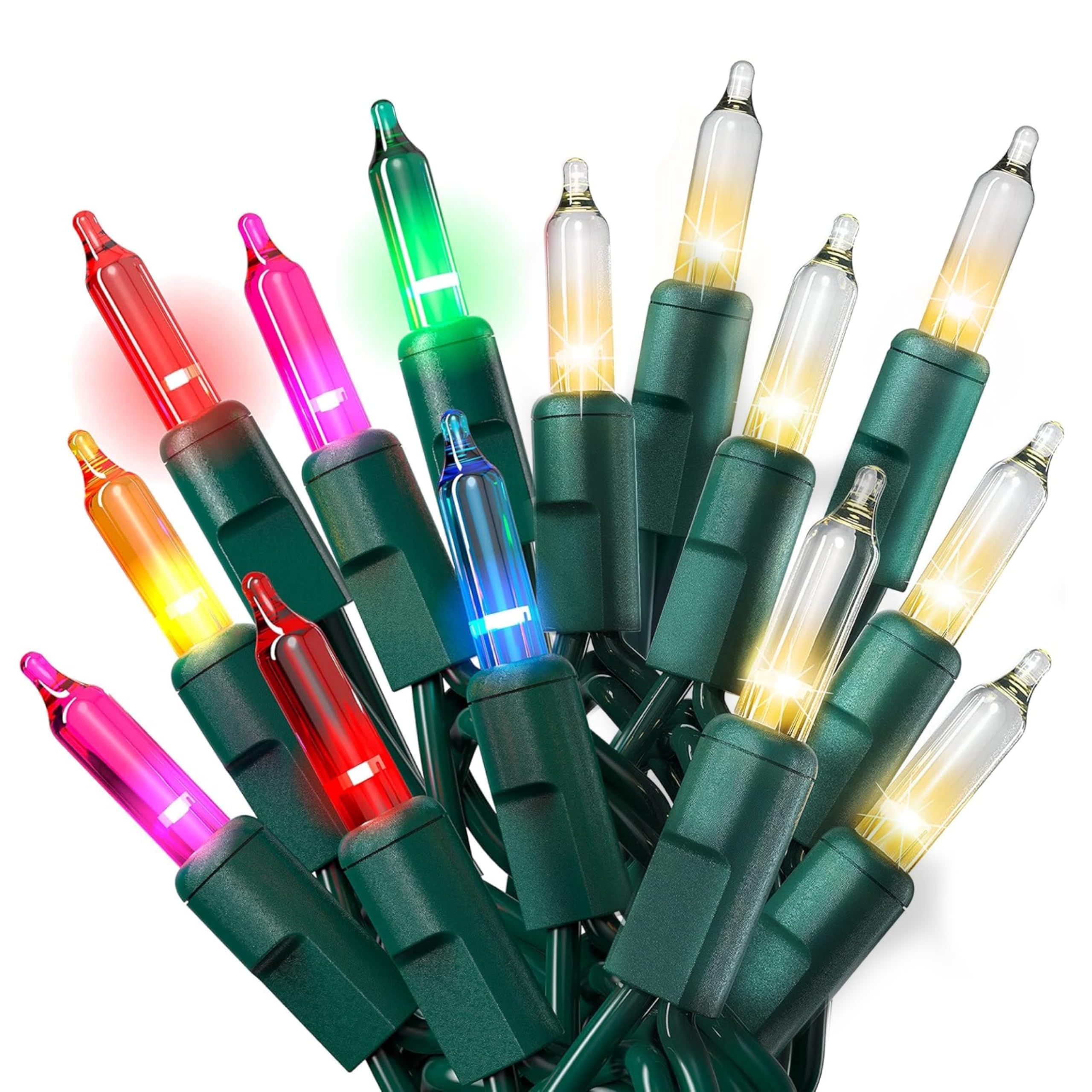 PREXTEX Incandescent Christmas Lights Multicolor - 100 Warm White String Lights + 100 Colored - Connects Up to 4 Strings - Outdoor/Indoor Christmas Tree Lights Green Wire - 200 Count