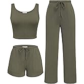 Ekouaer Women's 3 Piece Lounge Set Soft Twisted Rib Knit Summer Vacation Outfits Crop Top Shorts & Pants Set With Pokcet