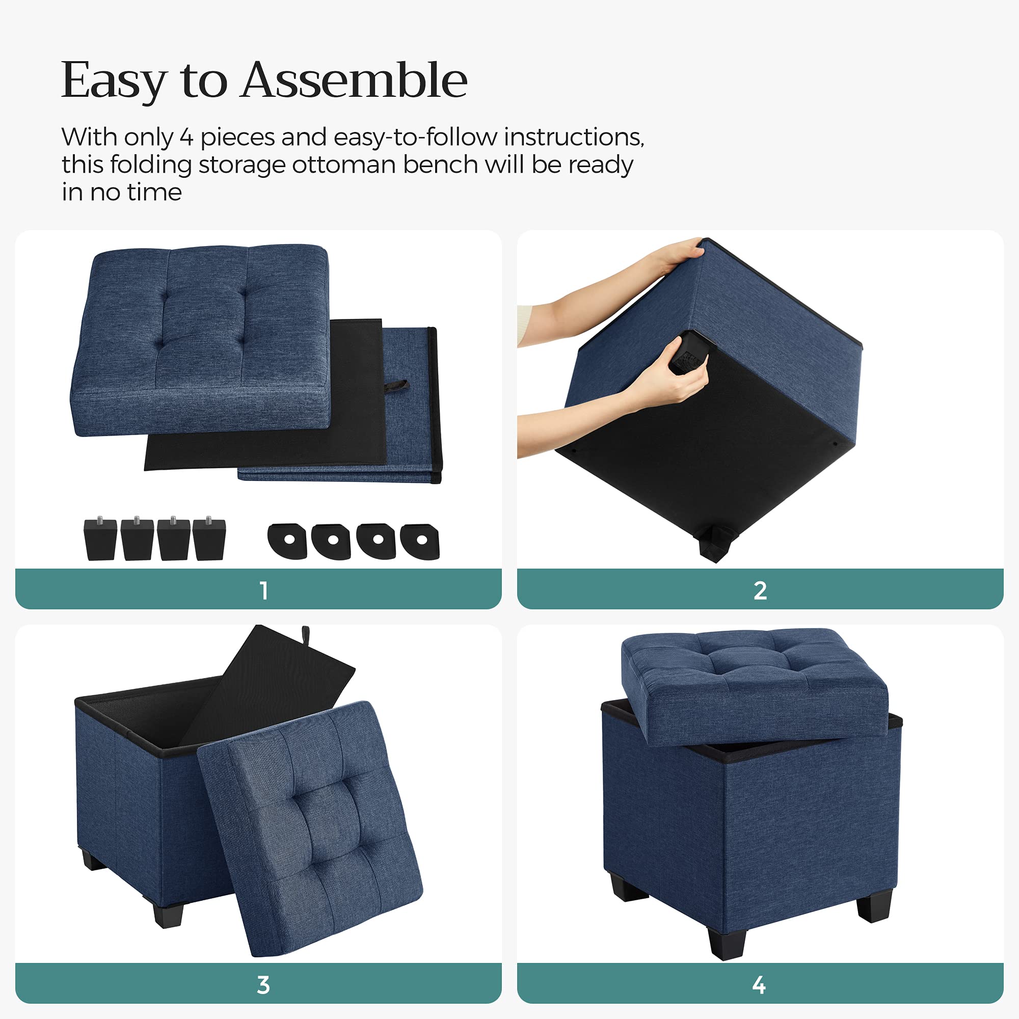 SONGMICS Storage Ottoman, Small Ottoman Foot Rest with Legs, 15 x 15 x 15.7 Inches Foot Stool, Ottoman with Storage, Load up to 660 lb, for Living Room, Bedroom, Dorm, Midnight Blue ULSF14IN