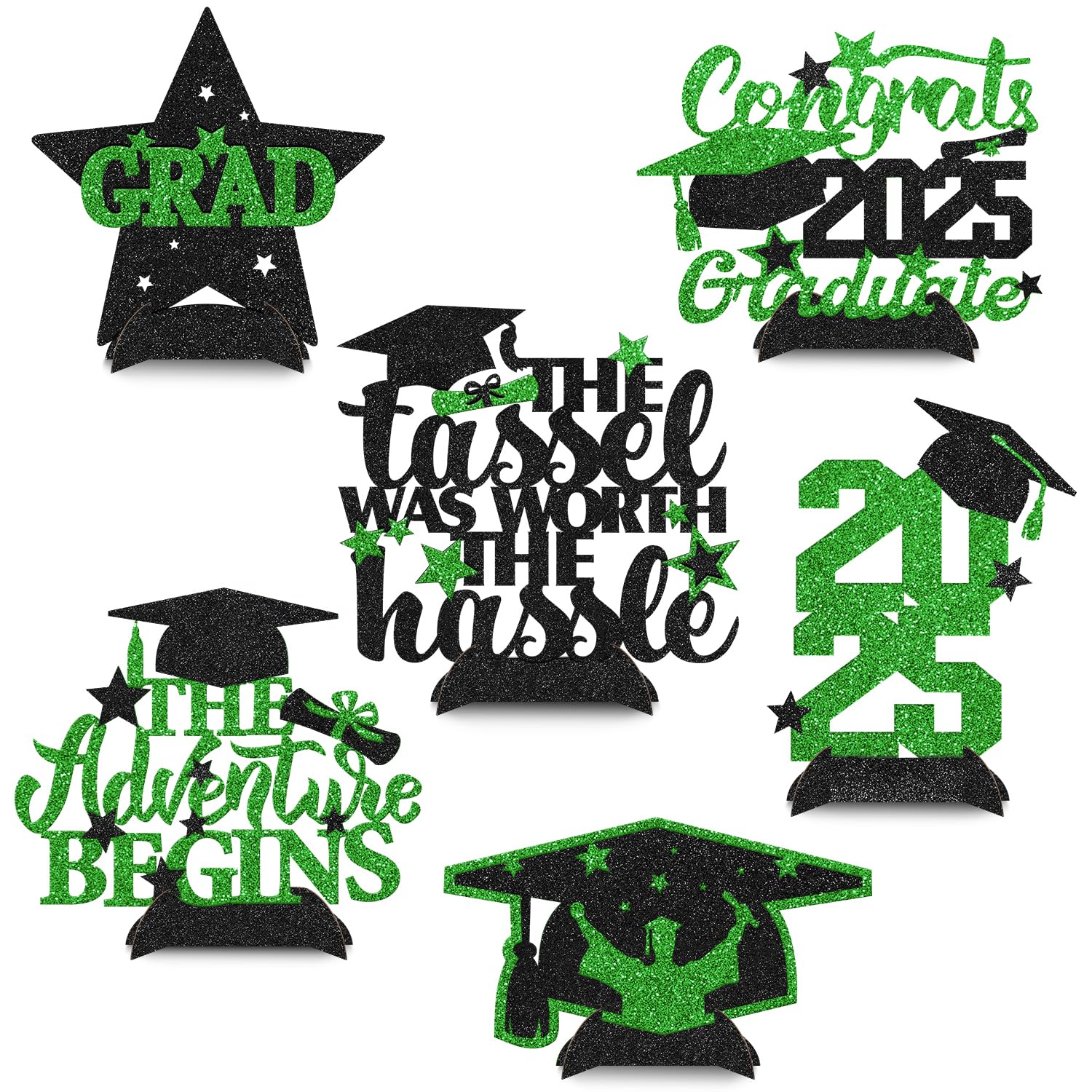 Photo 1 of 2025 Graduation Decor Green Graduation Glitter Centerpieces Table Topper Graduation Party Decorations Glitter Photo Booth Props Set of 6