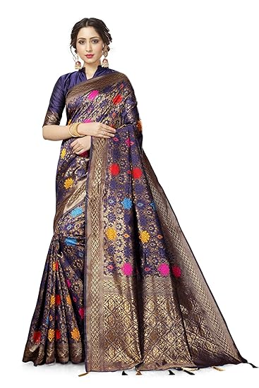 Divaastha Blue Lichi Silk Floral Print Saree with Blouse Piece (APP005BLUE)