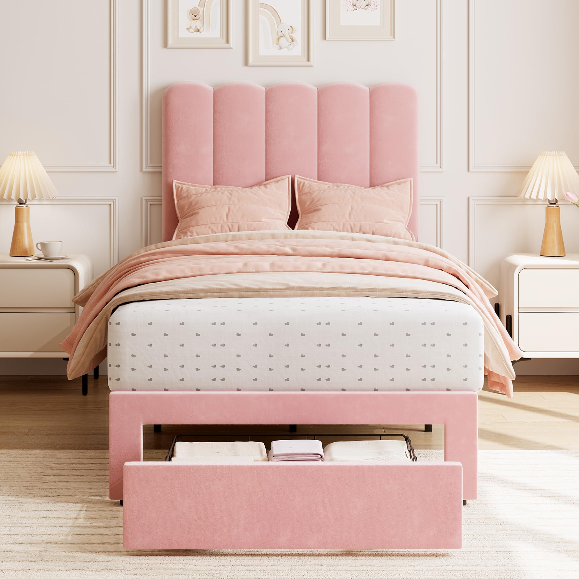 Photo 1 of **PARTS ONLY**GarveeHome Twin Bed Frame with Under-Bed Drawer, Upholstered Platform Bed with Wave Headboard for Kids/Girls, Wooden Slats Support, No Box Spring Needed, Velvet Pink