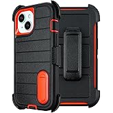 Yowtrey for Heavy Duty iPhone 15 Case with Belt Clip & Holster, Rugged Military Grade Shockproof Protective Cover for iPhone 15 Case with Stand 6.1 Inch (Black+Orange)