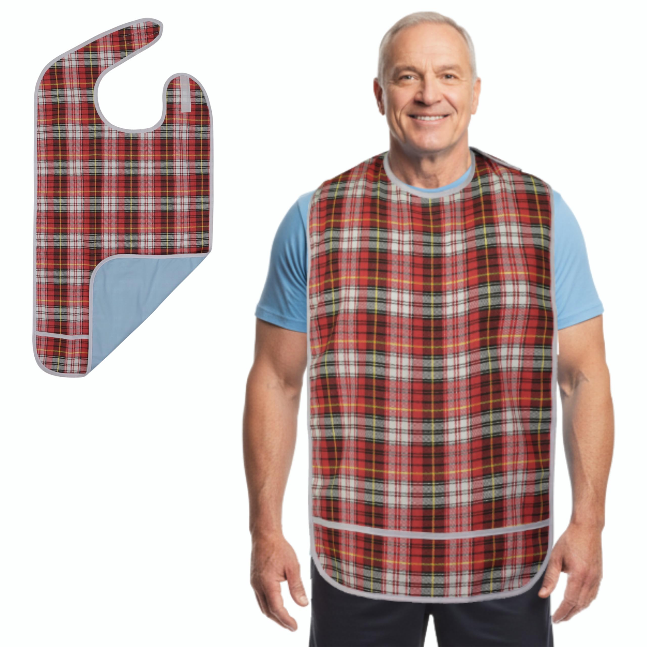 Modaliv Adult Bib – Waterproof Reusable Clothing Protector with Crumb Catcher for Mealtime | Extra Long Senior Bib for Elderly & Disabled | Washable Dining Aid – Adult Eating Apron – Red