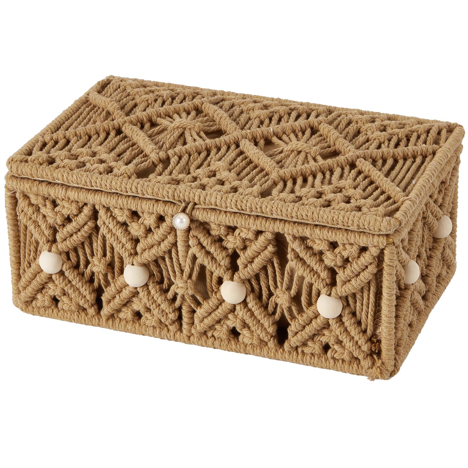 Photo 1 of VinneGenzz Macrame Boho Storage Basket with Lid Organza Gift Bags Decorative Wood Beads Bohemian Jewelry Box Bin Handmade Woven Natural Cotton Desk Makeup Organizer Shelf Container (Khaki, Small)