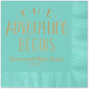 The Adventure Begins Personalized Beverage Cocktail Napkins - 100 Custom Printed Aqua Paper Napkins with choice of foil