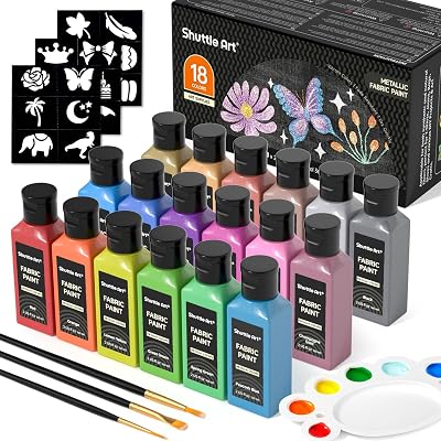 Shuttle Art Metallic Fabric Paint 18 Colors 60ml with Brushes Stencils