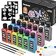 Metallic Fabric Paint, Shuttle Art 18 Metallic Colors Permanent Soft Fabric Paint in Bottles (60ml/2oz) with Brush and Stencils, Non-Toxic Textile Paint for T-shirts, Shoes, Jeans, Bags & DIY Projects