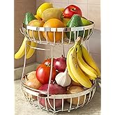Sevenblue 2 Tier Fruit Basket for Kitchen Counter with 2 Banana Hangers, Metal Stackable Fruit Bowl for Kitchen Counter for Bread Vegetable Fruits, Silvery