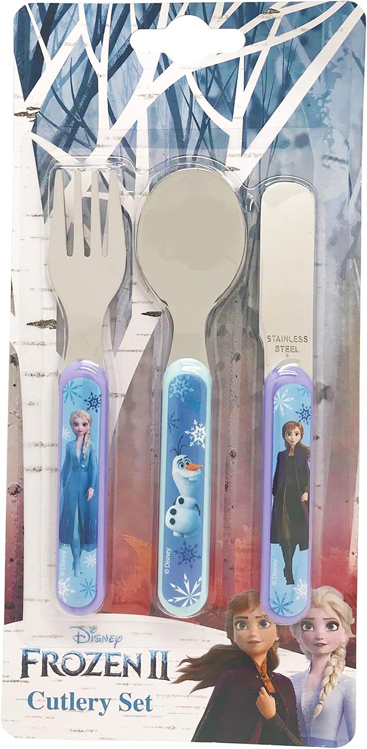 Disney Frozen II 3 Piece Cutlery Set, Metal, Reusable Children's Knife, Fork & Spoon, Kids-Size
