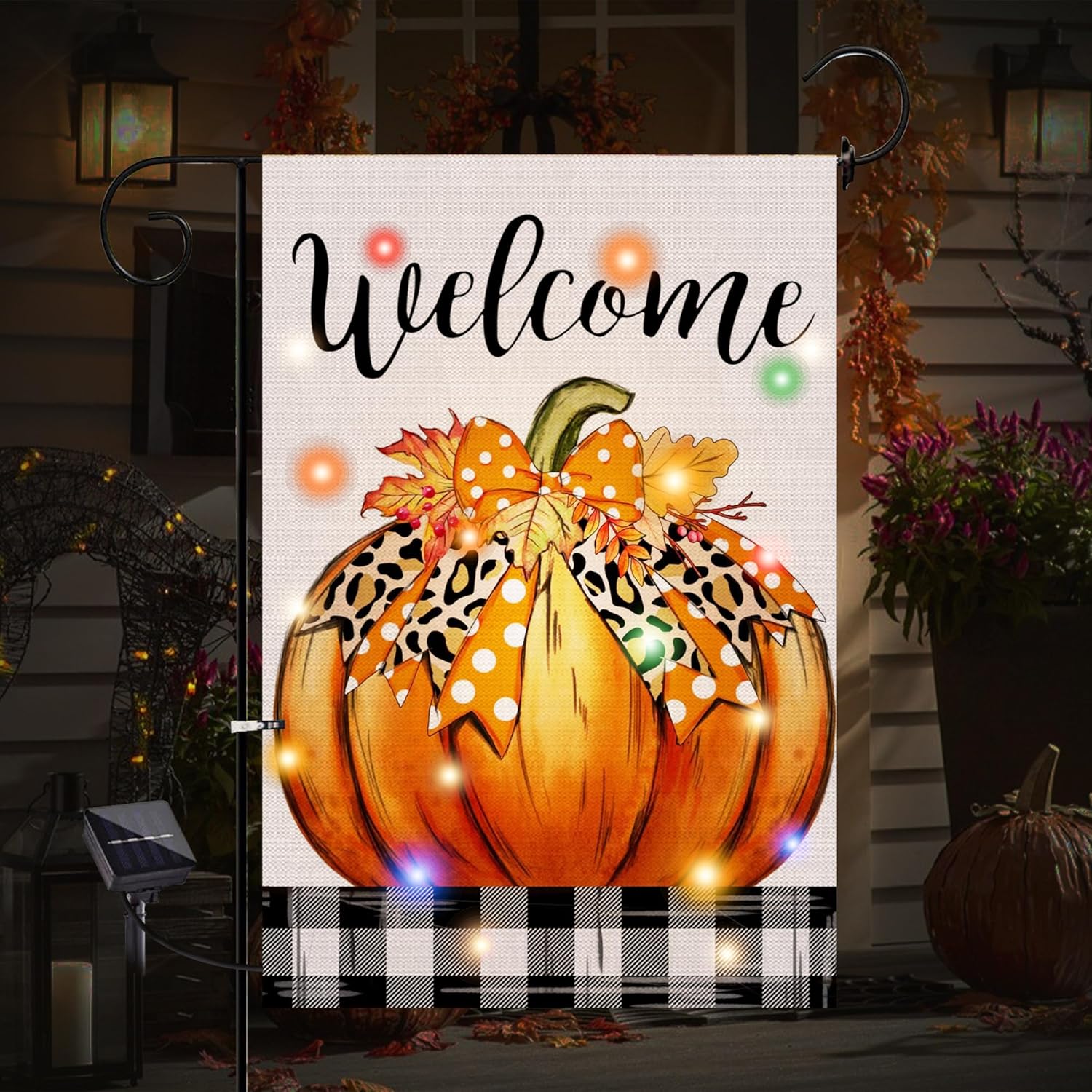 Flags - Lighted Pumpkin Fall Garden Flag, LED Hello Fall Flag 12 X 18 Double-Sided, Seasonal Autumn Buffalo Plaid Orange Garden Flags, Fall Harvest Outdoor Decorations Yard Flag Rustic Thanksgiving