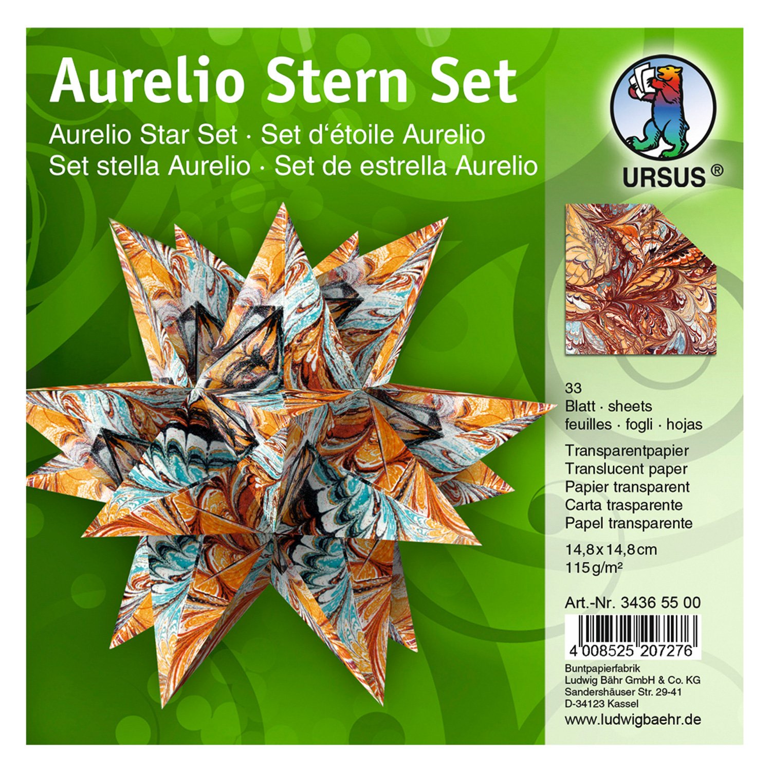 Ursus Aurelio 34365500 Folding Sheets Star Art Colourful 33 Sheets of Tracing Paper 115 g/m² Approx. 14.8 x 14.8 cm Printed on Both Sides Ideal as Christmas Decoration