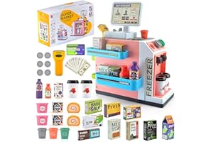 CYYSFIVQZ Pretend Play Cash Register Toy Set with Scanner, Play Money, Calculator, Coffee Machine and Play Food for Kids Ages 3+ (Pink)